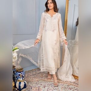 Pakistani Custom Made Elegant Cream Embroidered Dress